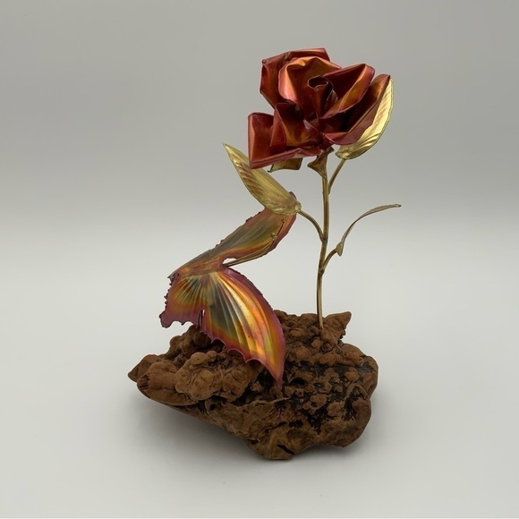 Vintage Brutalist Copper Butterfly And Rose Sculpture On Burl Wood 9” Tall - Picture 2 of 7